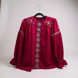 Velvet Embroidered Boho Bell Sleeve Ruffle Top Magenta Viscose